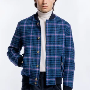 Giubbotto da uomo blu fantasia galles in pura lana al 100% Holland & Sherry slim fit