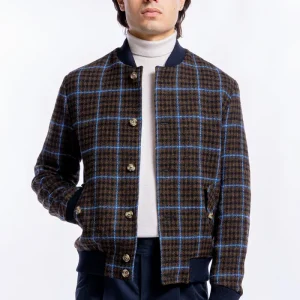 Giubbotto da uomo marrone fantasia galles in pura lana al 100% Holland & Sherry slim fit