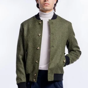 Giubbotto da uomo verde fantasia spigata in pura lana al 100% Holland & Sherry slim fit