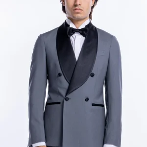 Giacca smoking Doppiopetto grigio chiaro da uomo in fresco lana super 130’s Vitale Barberis Canonico con rever a scialle largo in raso nero.