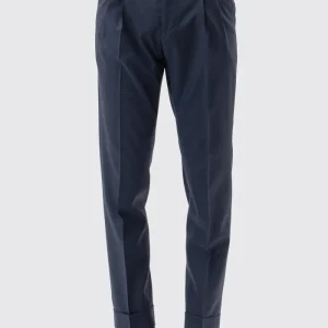 Pantalone uomo blu pied de poule in fresco lana super 120’s Holland & Sherry vita alta con pinces fibbie laterali e risvolto 4cm