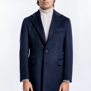Cappotto uomo monopetto blu notte misto lana rever largo 11 cm