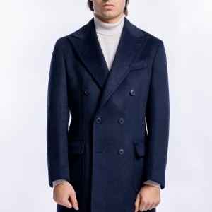 Cappotto uomo doppiopetto blu notte misto lana rever largo 13 cm con martingala sul retro