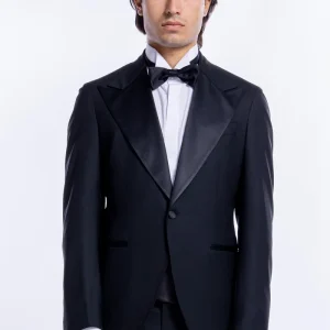 Abito smoking monopetto Nero da uomo in fresco lana super 160’s Vitale Barberis Canonico con rever a Lancia largo in raso