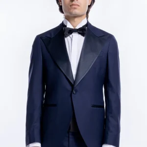 Abito smoking monopetto blu notte da uomo in fresco lana super 160’s Vitale Barberis Canonico con rever a Lancia largo in raso