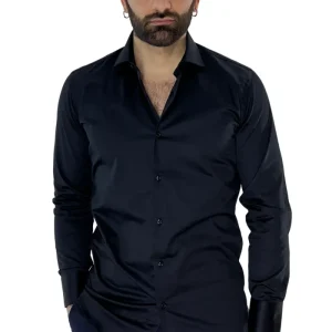 Camicia Uomo nera regular fit in cotone Elastico Collo semi francese tinta unita sartoriale