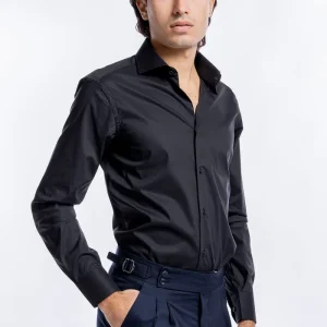 Camicia Uomo nera slim fit in cotone Elastico Collo semi francese tinta unita sartoriale