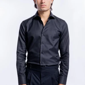 Camicia Uomo nera spigata slim fit in cotone 100% Collo semi francese tinta unita sartoriale