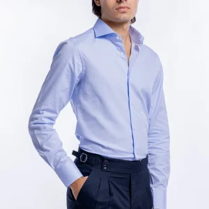 Camicia Uomo celeste nido d’ape slim Fit 100% cotone collo semi francese mileta Tessuti