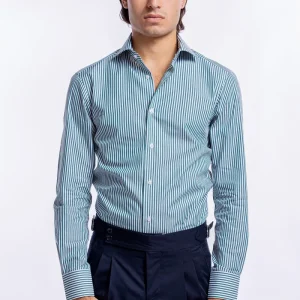 Camicia Uomo verde a righe slim Fit 100% cotone collo semi francese mileta Tessuti