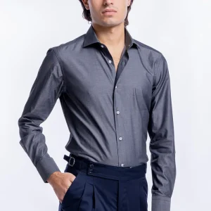 Camicia Uomo denim grigio scuro slim fit in cotone 100% Collo semi francese