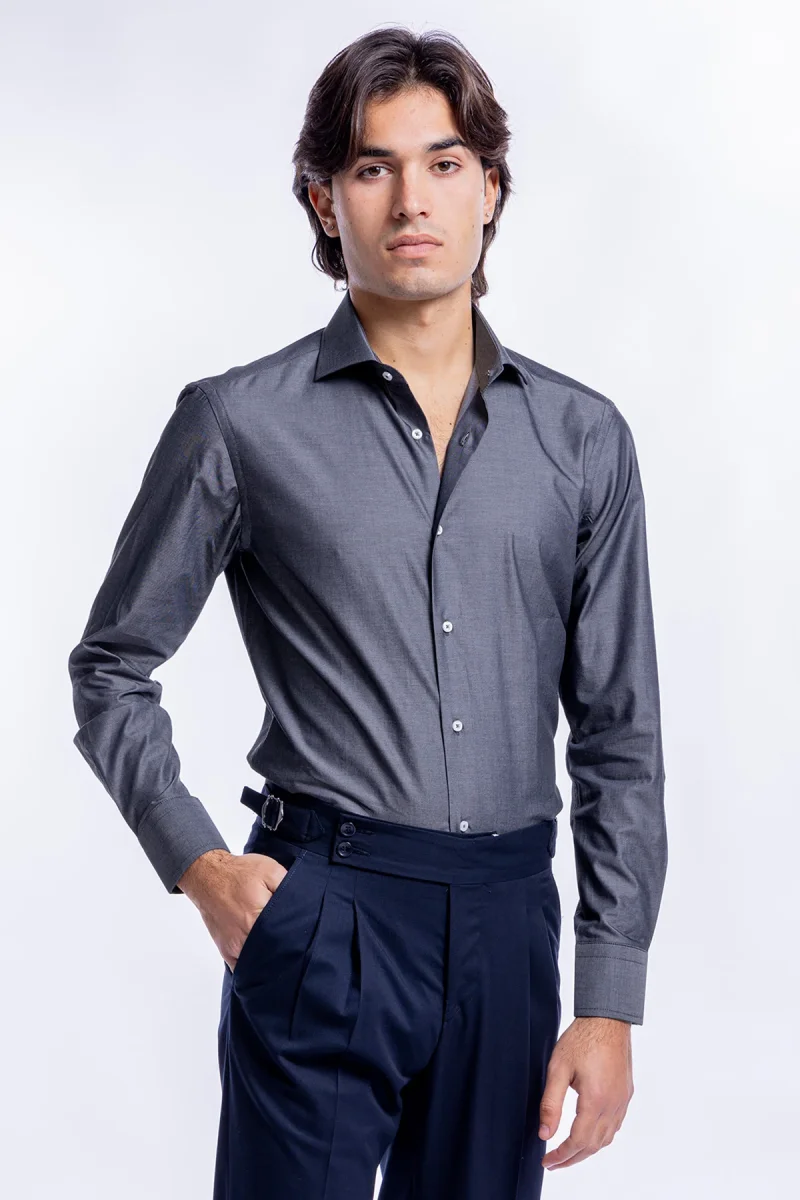 Camicia Uomo denim grigio scuro slim fit in cotone 100% Collo semi francese
