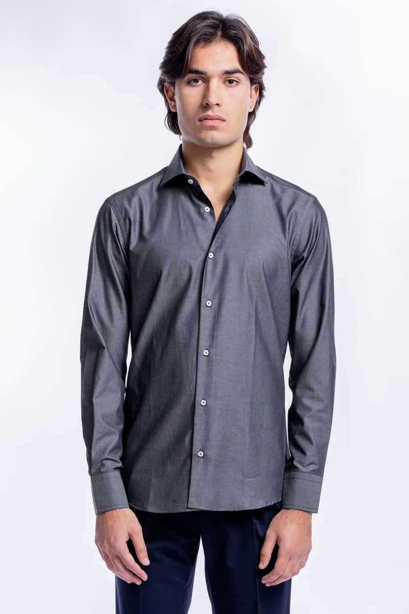 Camicia Uomo denim grigio scuro slim fit in cotone 100% Collo semi francese - immagine 3