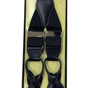 Bretelle da uomo nere tinta unita Elasticizzate 3,5 cm regolabili con chiusura cuoio per bottoni