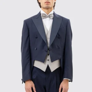 Giacca modello frac blu notte uomo in fresco lana super 130’s Vitale Barberis Canonico con rever a Lancia largo in raso