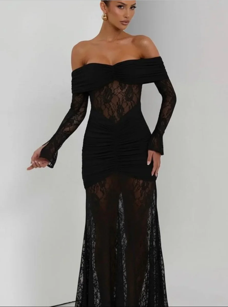 Abito lungo drappeggiato inserto pizzo - immagine 7