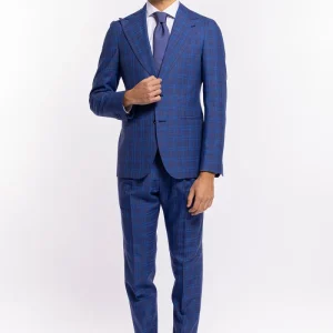 Abito uomo monopetto blu fantasia quadri royal blu fresco lana e seta Bristol Tessuti Rever largo a lancia