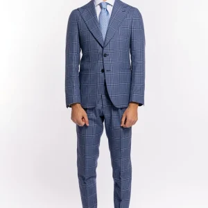 Abito uomo monopetto denim fantasia quadri blu fresco lana e seta Bristol Tessuti Rever largo a lancia