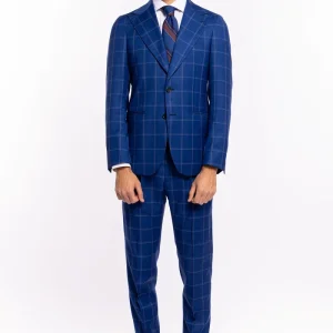 Abito uomo monopetto royal blu fantasia quadri bianchi fresco lana Bristol Tessuti Rever largo a lancia