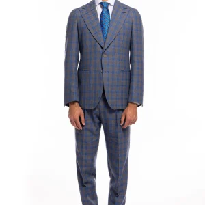 Abito uomo monopetto grigia fantasia quadri blu fresco lana Bristol Tessuti Rever largo a lancia