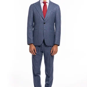 Abito uomo monopetto blu denim quadri bordeaux fresco lana seta lino Bristol Tessuti Rever largo a lancia