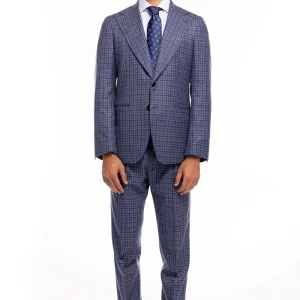 Abito uomo monopetto blu fantasia quadretti marrone e denim fresco lana seta e lino Bristol Tessuti Rever largo a lancia