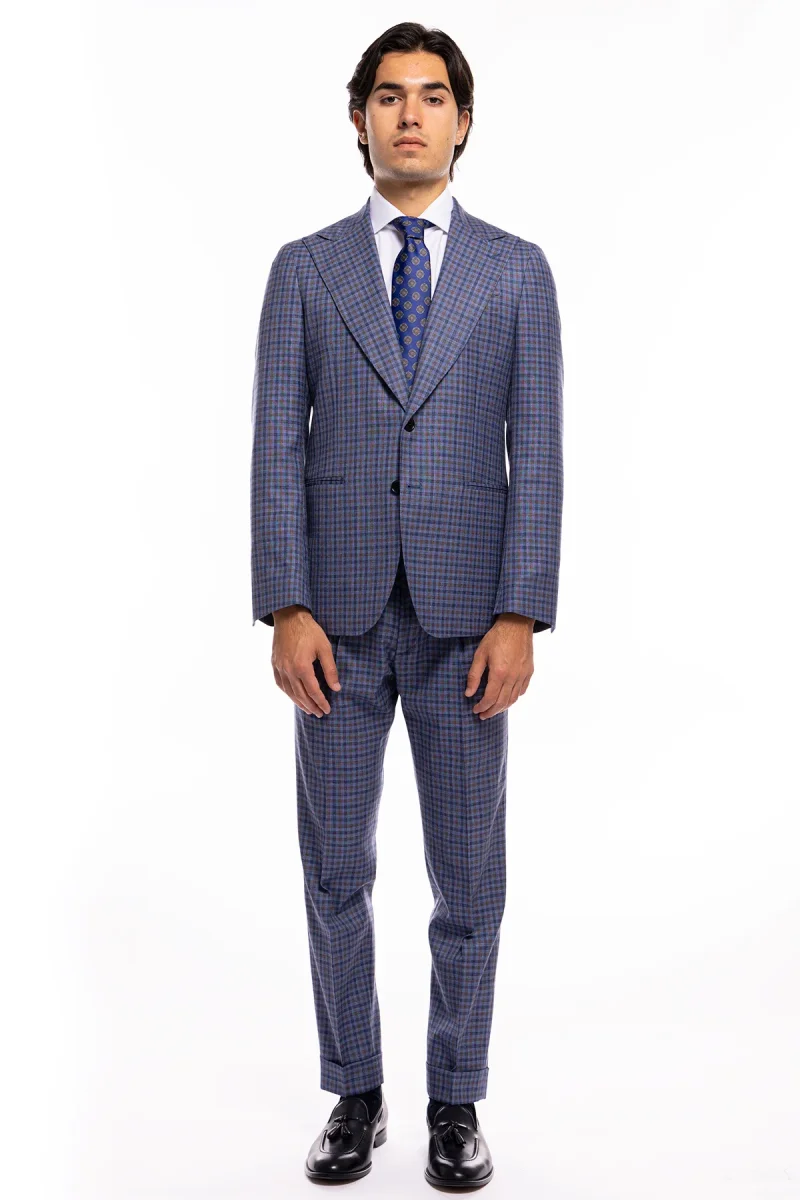 Abito uomo monopetto blu fantasia quadretti marrone e denim fresco lana seta e lino Bristol Tessuti Rever largo a lancia