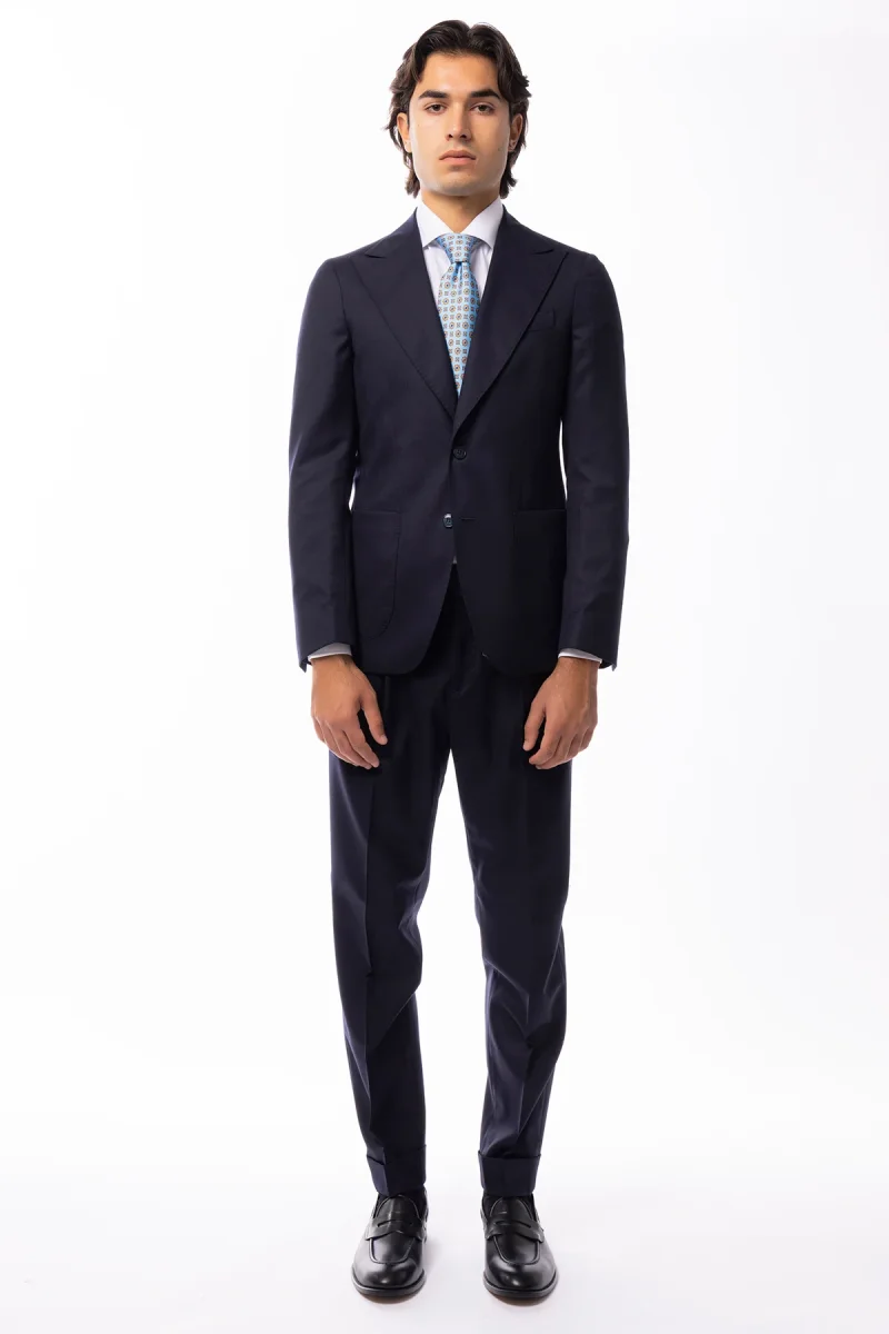 Abito uomo monopetto blu in lana Flanella Vitale Barberis Canonico slim fit rever a lancia largo Tasche a Toppe