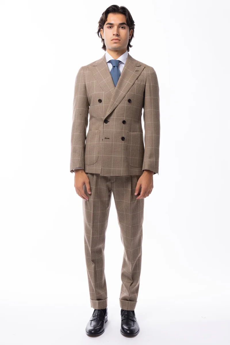 Abito uomo doppiopetto beige fantasia principe di galles in pura lana Holland & Sherry Rever a lancia e tasche a toppe - immagine 3