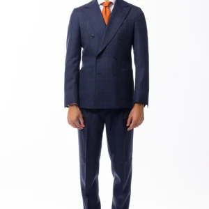 Abito uomo doppio petto blu fantasia principe galles  pura lana Holland & Sherry Rever a lancia e tasche a toppe