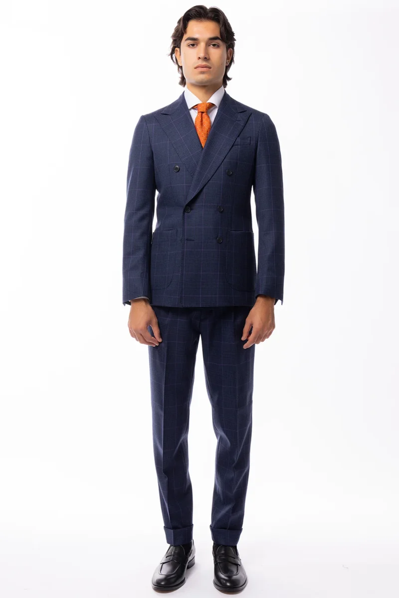 Abito uomo doppio petto blu fantasia principe galles pura lana Holland & Sherry Rever a lancia e tasche a toppe - immagine 2