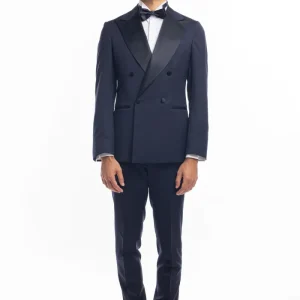 Abito smoking doppiopetto blu notte da uomo in fresco lana super 130’s Vitale Barberis Canonico con rever a Lancia largo in raso