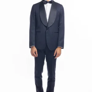 Abito smoking monopetto blu notte da uomo in fresco lana super 130’s Vitale Barberis Canonico con rever a scialle largo in raso