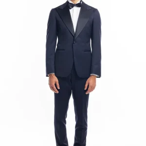 smoking monopetto blu notte da uomo in fresco lana super 130’s Vitale Barberis Canonico con rever a Lancia largo in raso