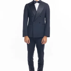 Abito smoking doppiopetto blu fantasia da uomo in fresco lana super 130’s Vitale Barberis Canonico con rever a Lancia largo in raso