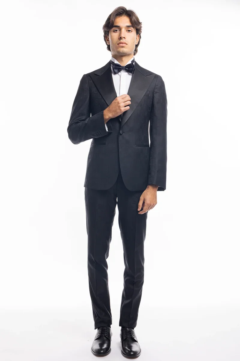 Abito smoking monopetto nera fantasia da uomo in fresco lana 100% Vitale Barberis Canonico con rever a Lancia largo in raso - immagine 3