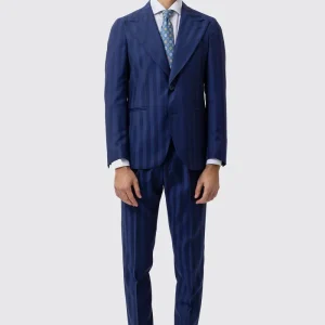 Abito Uomo Monopetto Blu Chiaro Rigata In Fresco Lana Super 140’s Rever A Lancia 13cm Tasche A Filo .