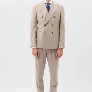 Abito Uomo Doppiopetto Beige Rigata Rever A Lancia 13cm Tasche A Filo