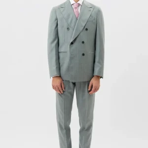 Abito Doppiopetto Verde Gessata Rosa Uomo Fresco Lana Super 150’s Bristol Tessuti Napoli Rever A Lancia