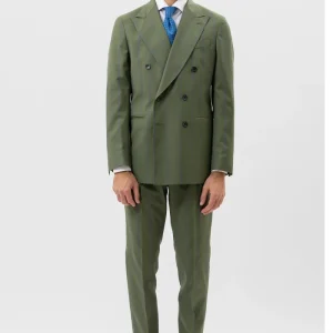 Abito Doppiopetto Verde Gessata Azzurra Uomo Fresco Lana Super 130’s Fordam Tessuti Napoli Rever A Lancia