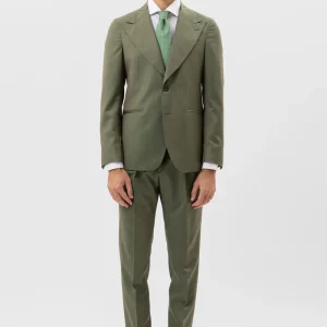 Abito verde solaro monopetto uomo in fresco lana vitale barberis canonico con rever a lancia tasche a filo .