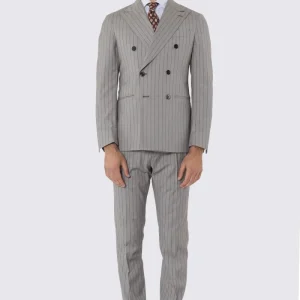 Abito uomo doppiopetto beige gessato marrone rever a lancia 12 cm tasche a filo