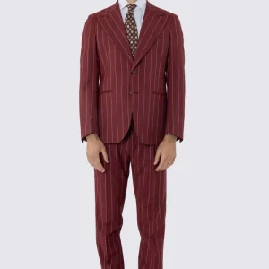 Abito monopetto bordeaux gessato beige da uomo in fresco lana super 130’s fordam tessuti napoli rever a lancia