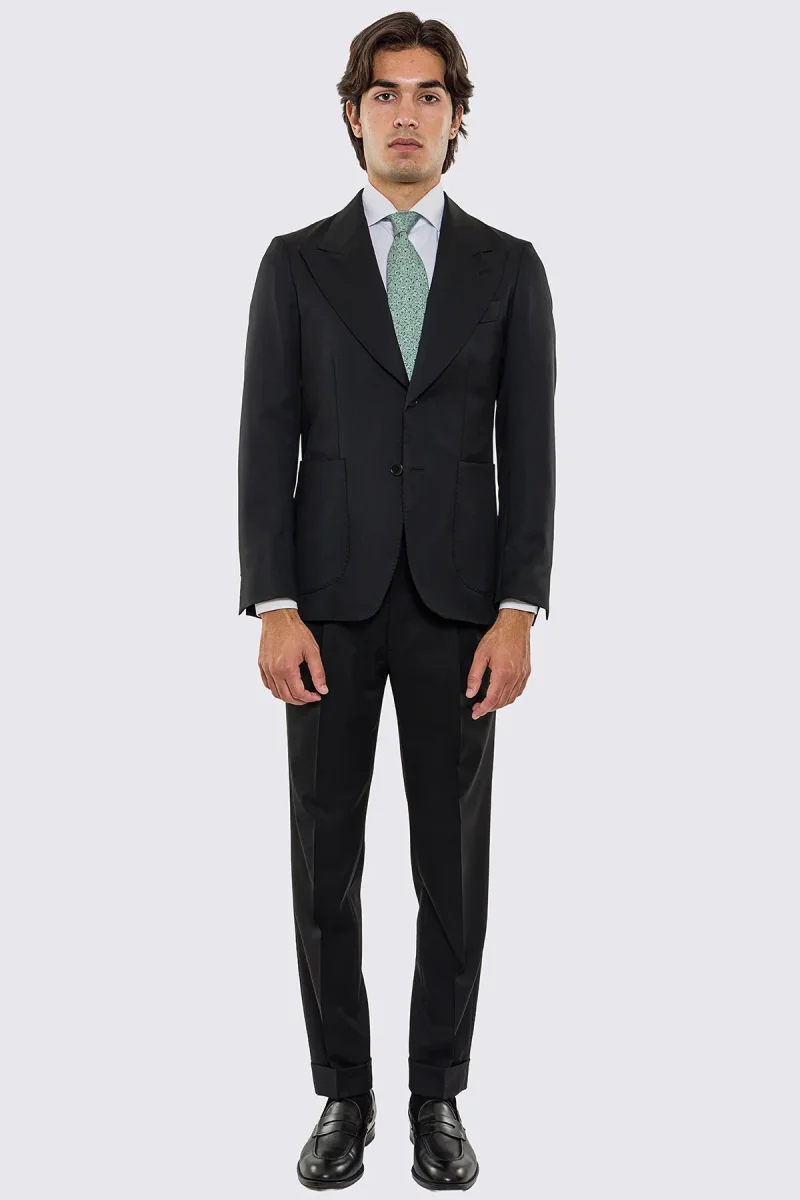 Abito uomo Monopetto nera fresco lana super 130’s Vitale Barberis Canonico sfoderata Rever a lancia tasche a toppe - immagine 2