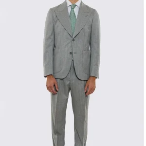 Abito uomo Monopetto grigio chiaro in fresco lana super 130’s Vitale Barberis Canonico sfoderata Rever a lancia tasche a toppe
