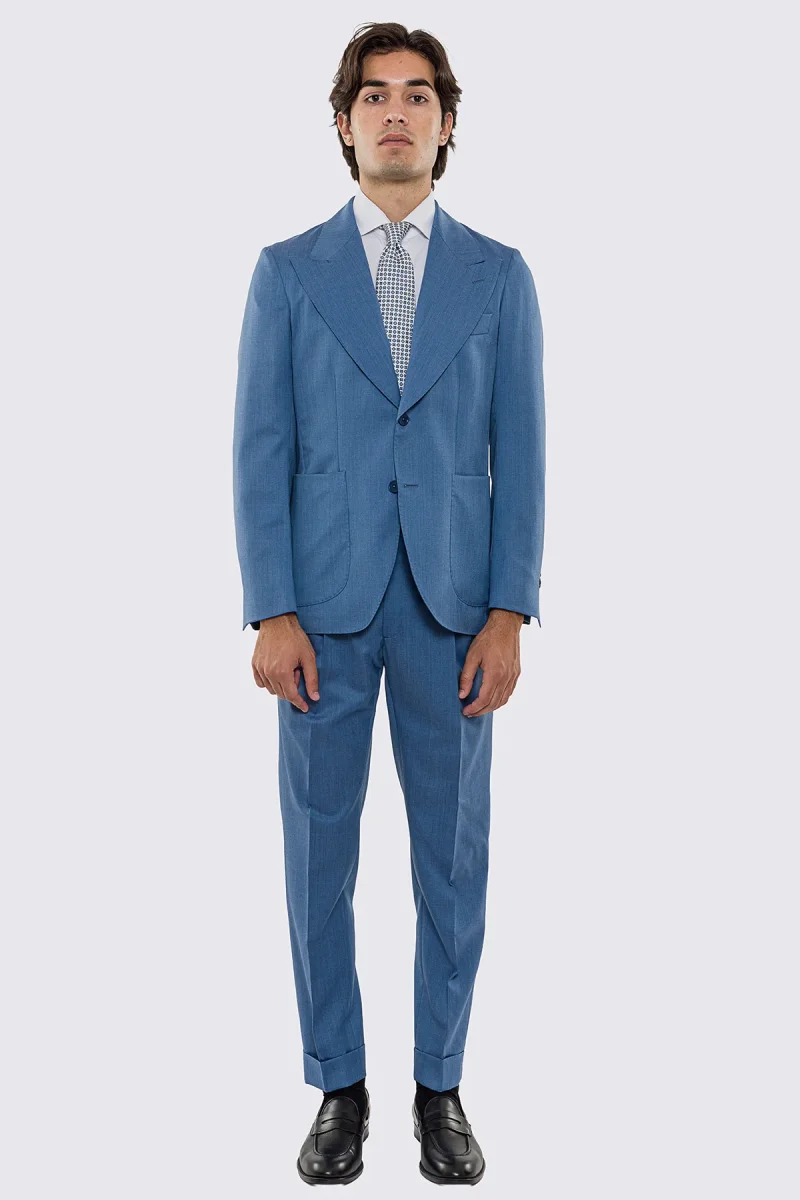 Abito uomo Monopetto Denim fresco lana super 130’s Vitale Barberis Canonico sfoderata Rever a lancia tasche a toppe