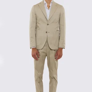 Abito uomo Monopetto beige in cotone leggermente elastico sfoderata Rever classico 11 cm tasche a toppe
