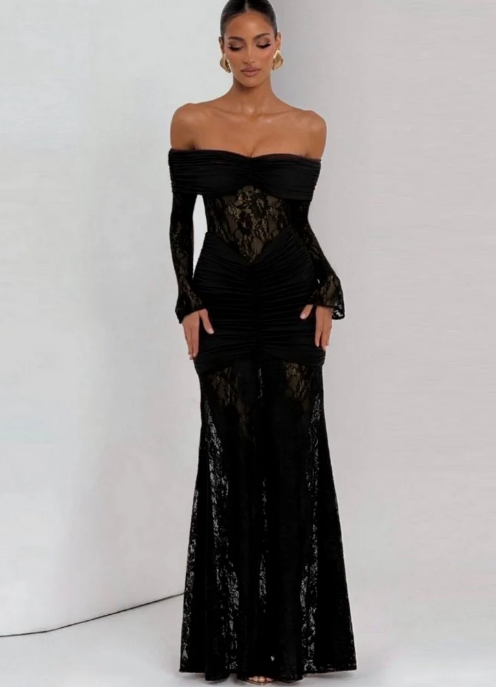 Abito lungo drappeggiato inserto pizzo - immagine 4