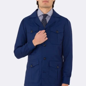 Sahariana solaro Blu Royal fresco lana Sartoria Carillo tessuti super 110’s con tasche a toppa con pattina e soffietto e polso camicia