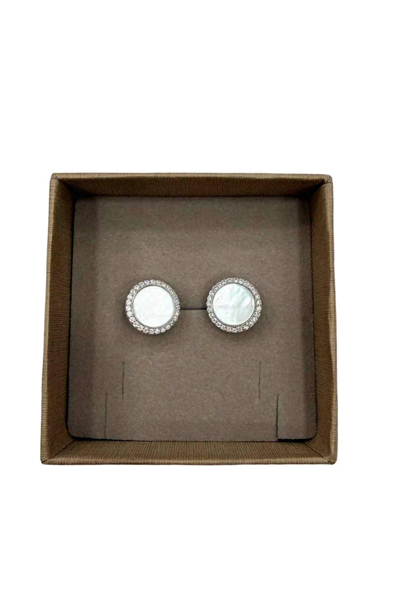 Gemelli da camicia in argento 925 lucido e madreperla forma tonda con zirconi incassati a mano - immagine 3